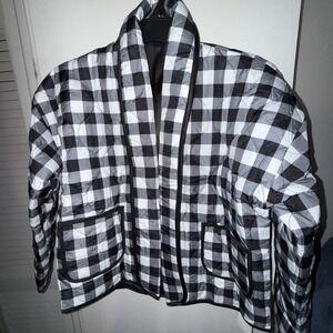 ATOFY Women's Open Front Quilted Jacket Buffalo Plaid Black White Lightweight